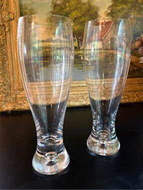PAIR of Crate Barrel Krosno 17oz Pilsner Glasses Bubble Base Heavy Weighted Base